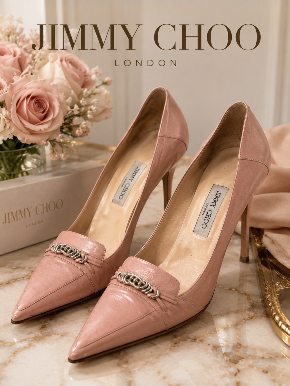 Vintage Jimmy Choo Blush Pink Leather Pointed Toe Pumps Silver Hardware IT 40.5